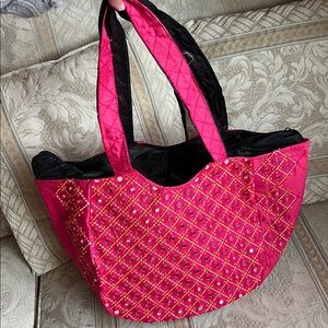Pink Embroidered Tote Bag with mirror embellishments